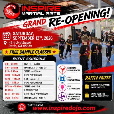 Flyer for Inspire Martial Arts Open House and Ribbon Cutting
